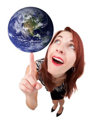 Smiling Woman Balancing Earth on Finger
